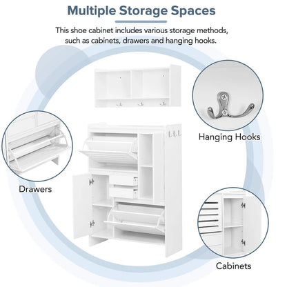 Shoe Cabinet with Wall Cabinet, Space-saving Design Foyer Cabinet with 2 Flip Drawers, Versatile Side Cabinet for Hallway, White