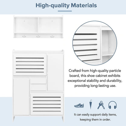 Shoe Cabinet with Wall Cabinet, Space-saving Design Foyer Cabinet with 2 Flip Drawers, Versatile Side Cabinet for Hallway, White
