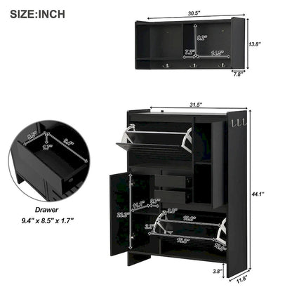 Shoe Cabinet with Wall Cabinet, Space-saving Design Foyer Cabinet with 2 Flip Drawers, Versatile Side Cabinet for Hallway, White