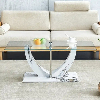Modern minimalist transparent tempered glass coffee table with marble patterned MDF legs and stainless steel decorative columns