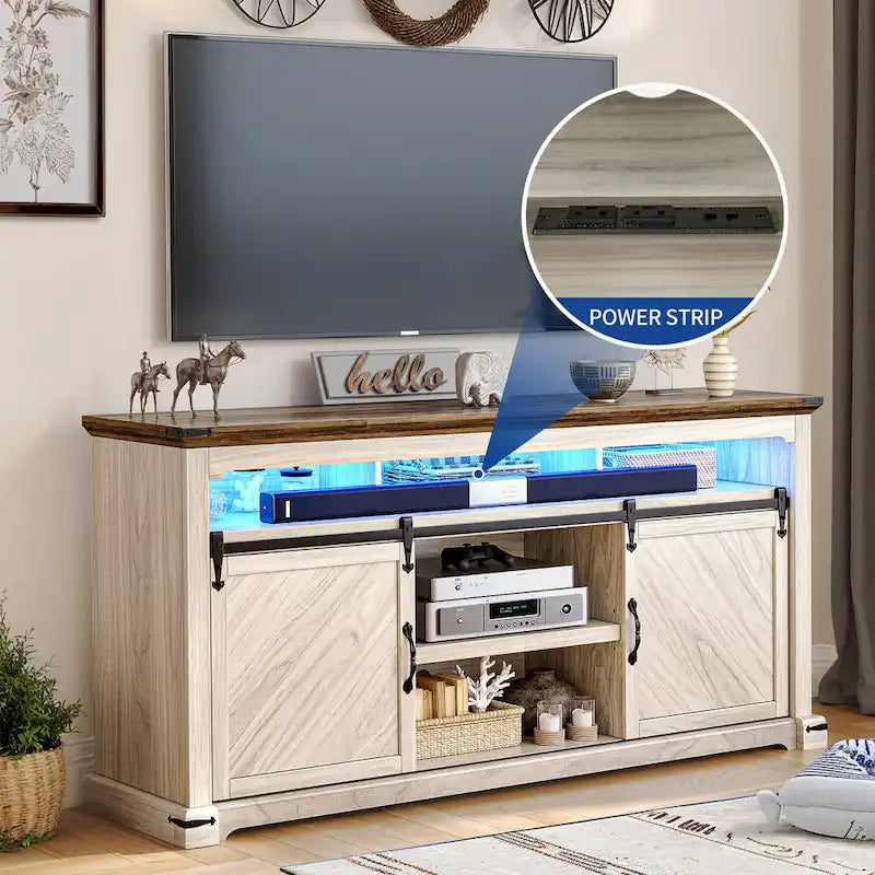 Moasis Farmhouse TV Stand for TV up to 75 Sliding Barn Door Media Console with LED Lights