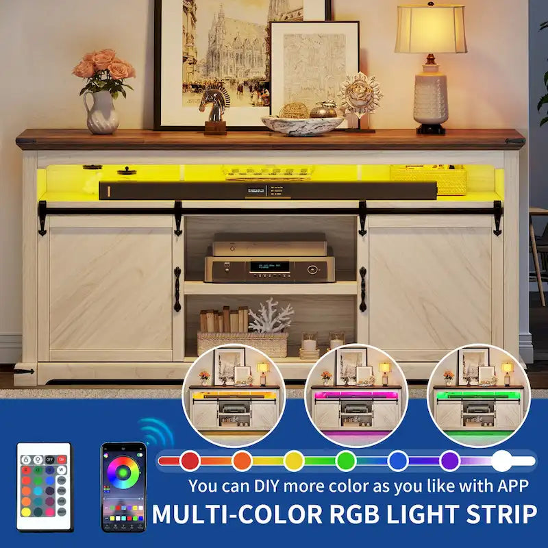 Moasis Farmhouse TV Stand for TV up to 75 Sliding Barn Door Media Console with LED Lights