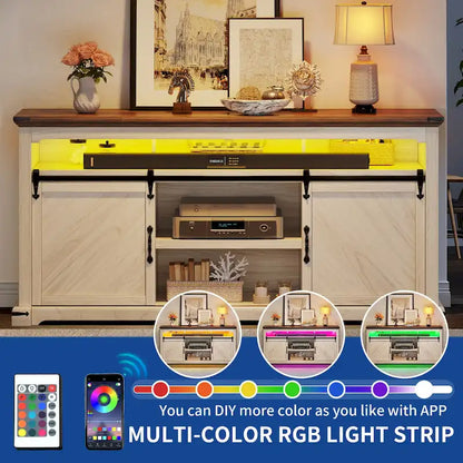 Moasis Farmhouse TV Stand for TV up to 75 Sliding Barn Door Media Console with LED Lights