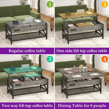 Farmhouse Lift Top Multi-Function Coffee Table Converts to Dining Table with LED Light and Power Outlet