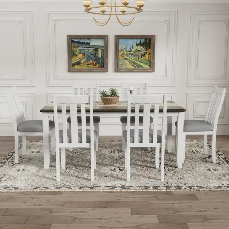 Retro Style 7-Piece Dining Table Set with Extendable Table and 6 Upholstered Chairs (Antique Brown+White)