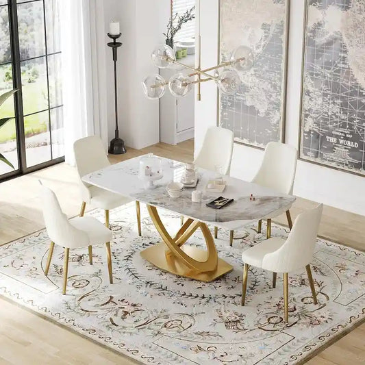 70.8 Dining Table, Modern Dining Table for 8, Antique White Sintered Stone with Stainless Steel Gold Pedestal