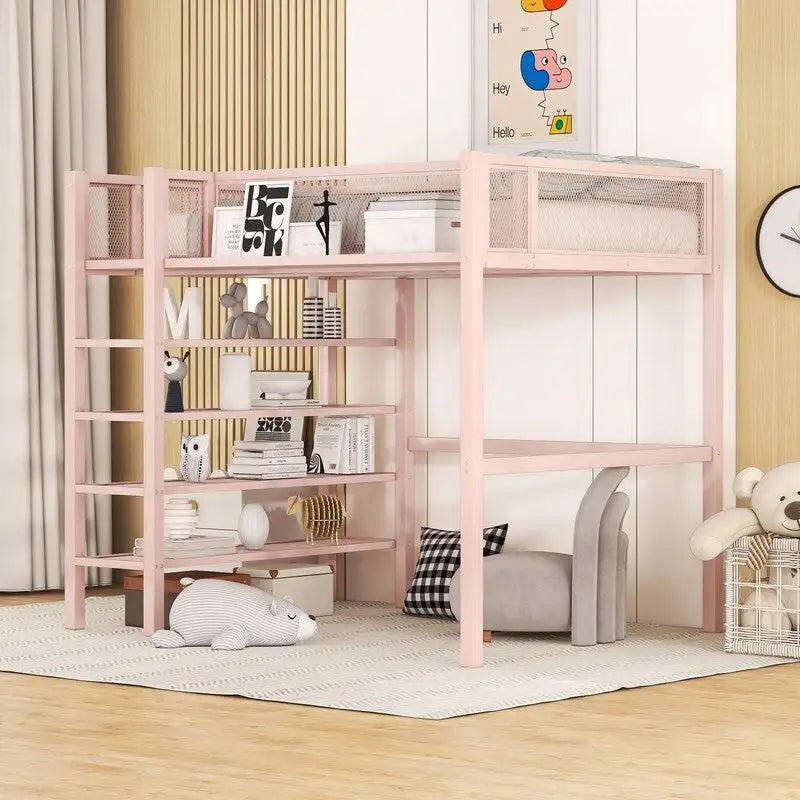 Twin Size Metal Loft Bed with 4-Tier Shelves and Storage
