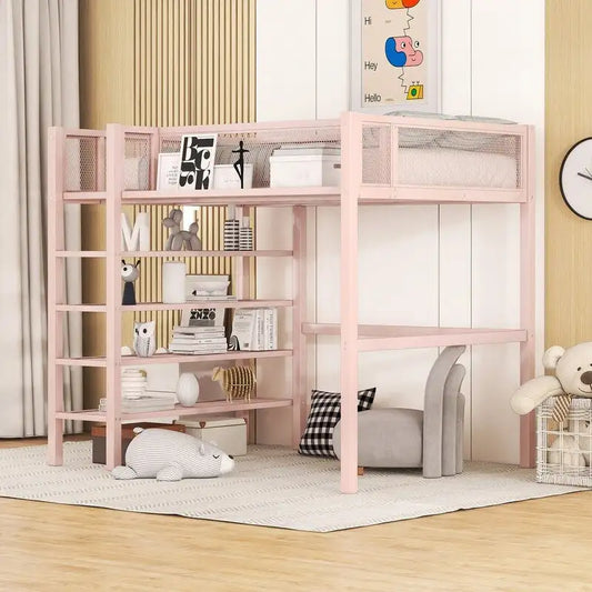 Twin Size Metal Loft Bed with 4-Tier Shelves and Storage