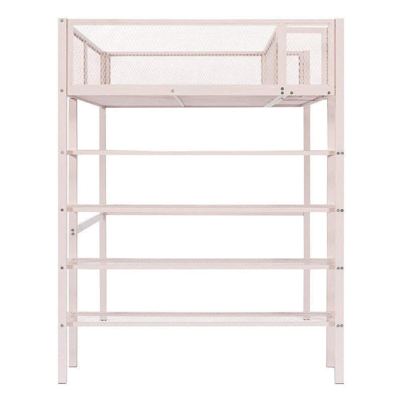 Twin Size Metal Loft Bed with 4-Tier Shelves and Storage