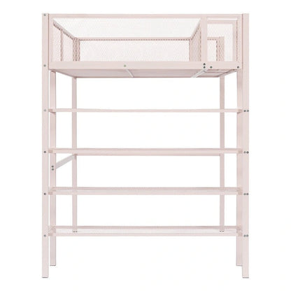 Twin Size Metal Loft Bed with 4-Tier Shelves and Storage
