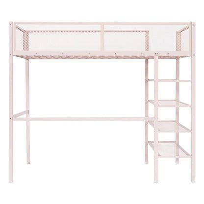 Twin Size Metal Loft Bed with 4-Tier Shelves and Storage