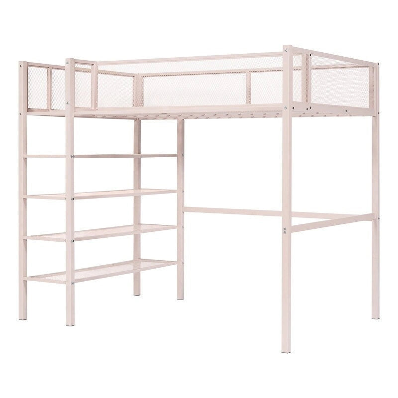 Twin Size Metal Loft Bed with 4-Tier Shelves and Storage