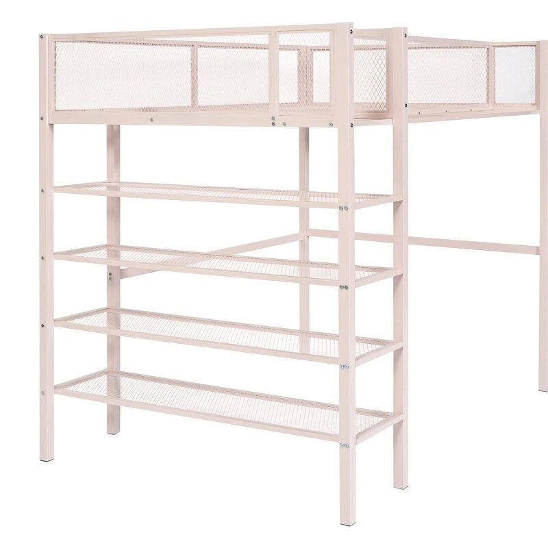 Twin Size Metal Loft Bed with 4-Tier Shelves and Storage