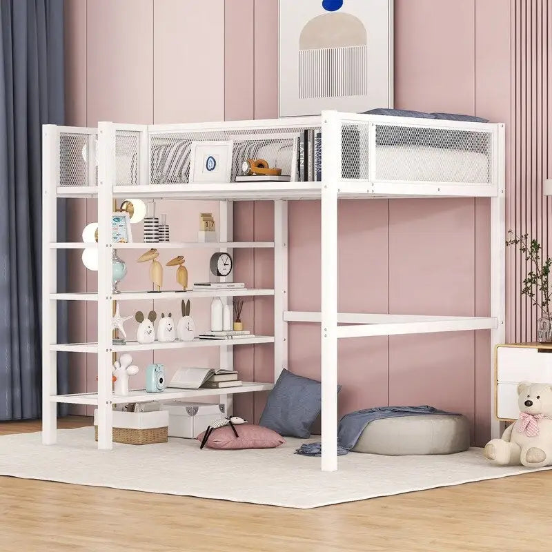 Twin Size Metal Loft Bed with 4-Tier Shelves and Storage