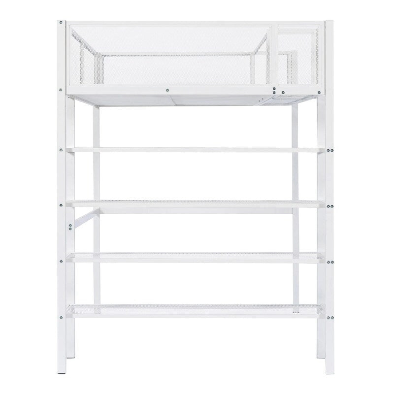 Twin Size Metal Loft Bed with 4-Tier Shelves and Storage