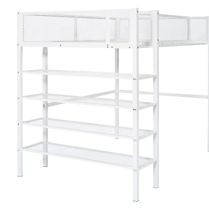 Twin Size Metal Loft Bed with 4-Tier Shelves and Storage