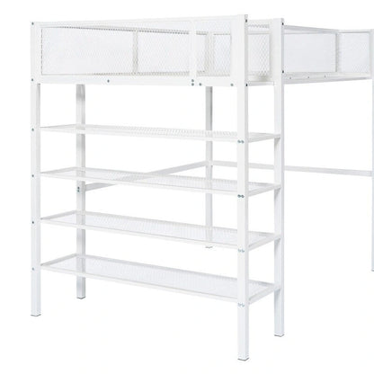 Twin Size Metal Loft Bed with 4-Tier Shelves and Storage