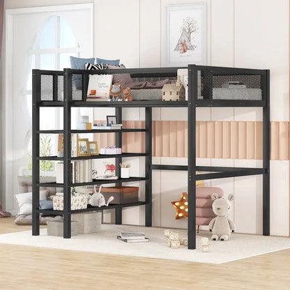Twin Size Metal Loft Bed with 4-Tier Shelves and Storage