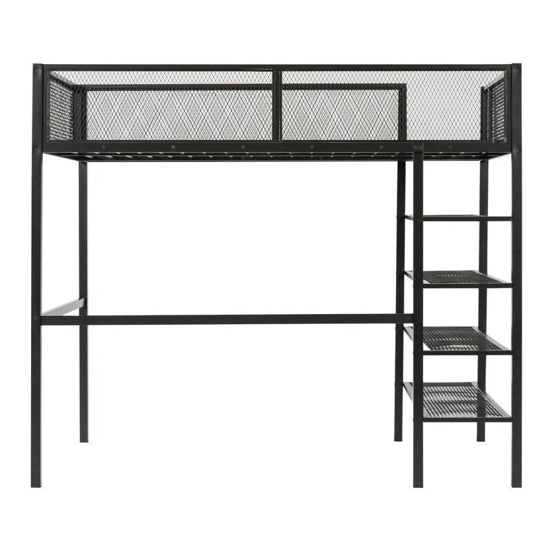 Twin Size Metal Loft Bed with 4-Tier Shelves and Storage