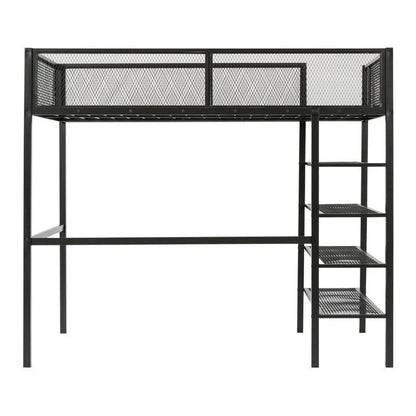 Twin Size Metal Loft Bed with 4-Tier Shelves and Storage