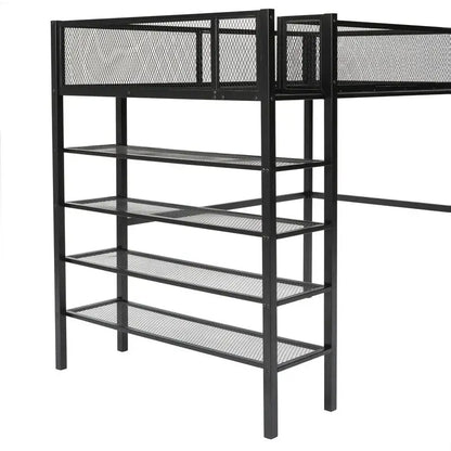 Twin Size Metal Loft Bed with 4-Tier Shelves and Storage