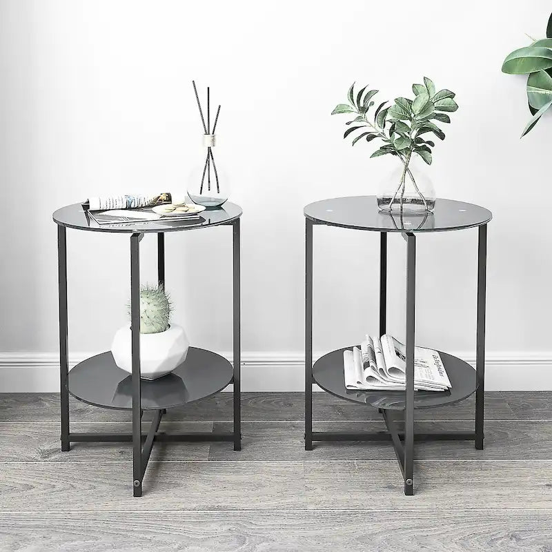 2-piece set,Tempered Glass End Table, Round Coffee Table for Bedroom Living Room Office