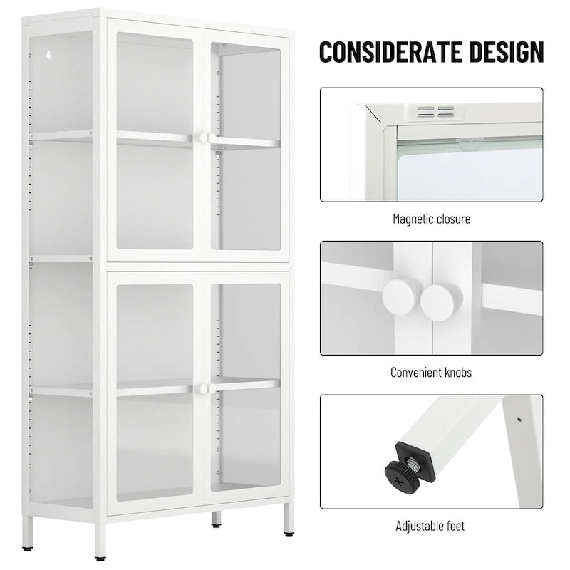 Four Glass Door Storage Cabinet with Adjustable Shelves and Feet Cold-Rolled Steel Sideboard Furniture