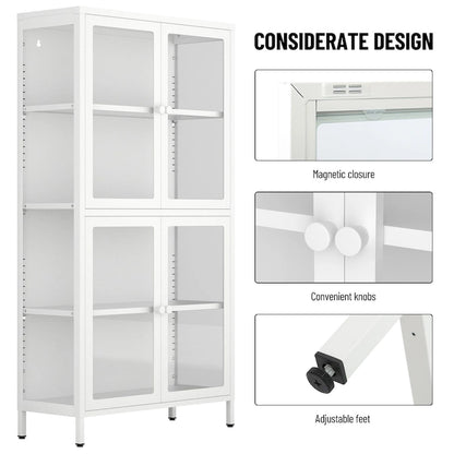 Four Glass Door Storage Cabinet with Adjustable Shelves and Feet Cold-Rolled Steel Sideboard Furniture
