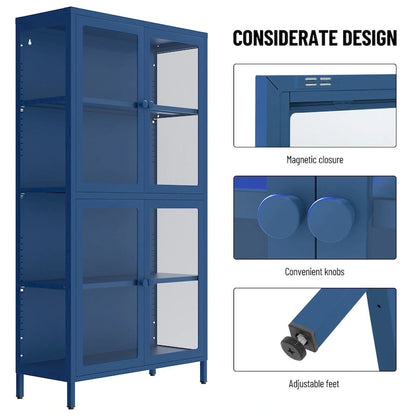 Four Glass Door Storage Cabinet with Adjustable Shelves and Feet Cold-Rolled Steel Sideboard Furniture