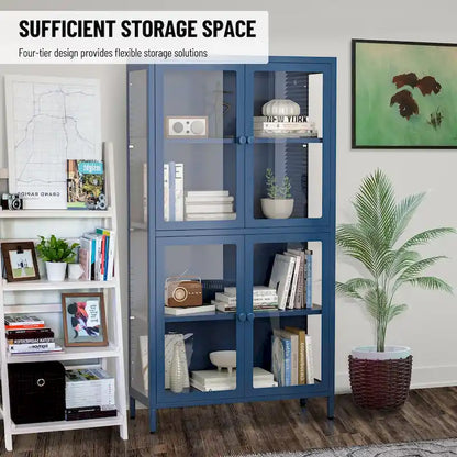 Four Glass Door Storage Cabinet with Adjustable Shelves and Feet Cold-Rolled Steel Sideboard Furniture