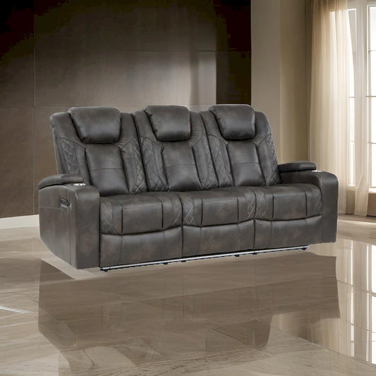 Mia 83 Inch Power Double Recliner Sofa, Gray Faux Leather, USB, Drop Table
