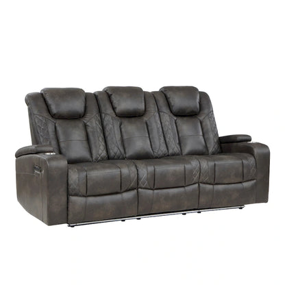 Mia 83 Inch Power Double Recliner Sofa, Gray Faux Leather, USB, Drop Table