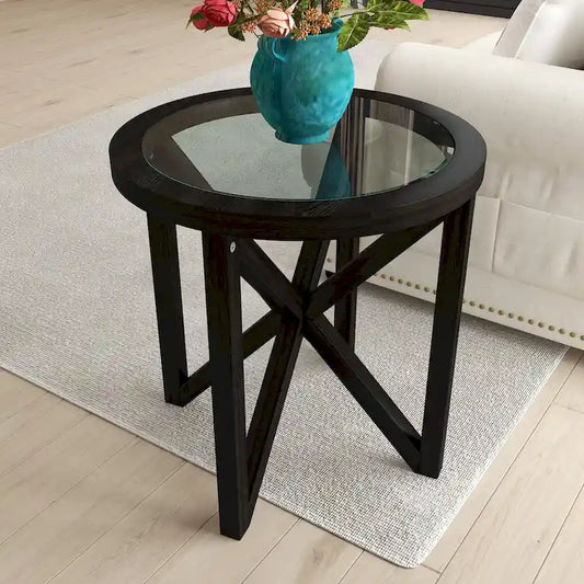 Tempered Glass Coffee Table Solid Wood Base Round Transparent Glass Top