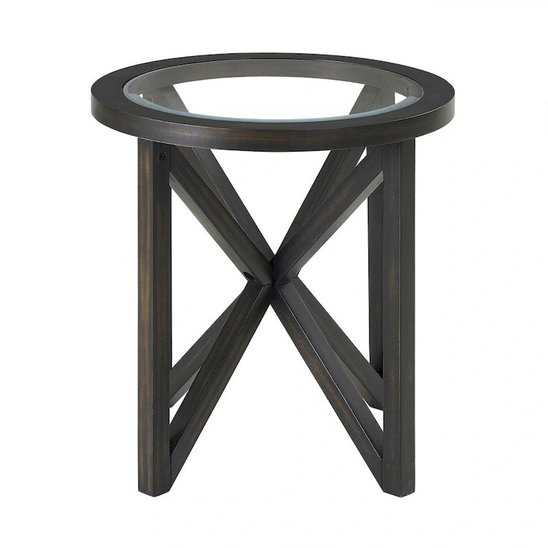 Tempered Glass Coffee Table Solid Wood Base Round Transparent Glass Top