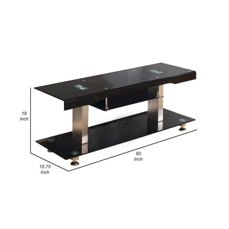 60 Inch TV Entertainment Console, Long Glass Media Shelf, Chrome Accents