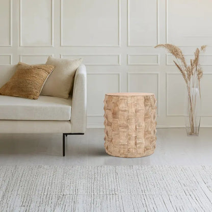 20 Inch Side End Table, Round Drum Shape with 3D Textured Design, Distressed White Finish