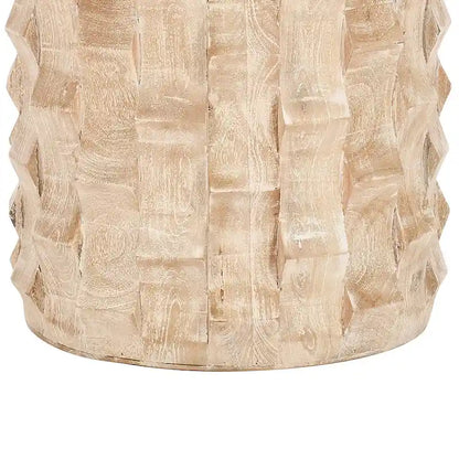 20 Inch Side End Table, Round Drum Shape with 3D Textured Design, Distressed White Finish