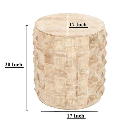 20 Inch Side End Table, Round Drum Shape with 3D Textured Design, Distressed White Finish
