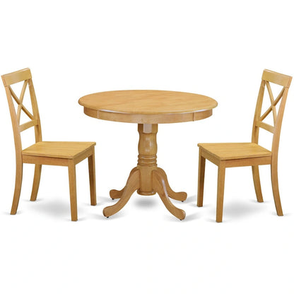 East West Furniture 3 Piece Modern Dining Table Set- a Round Kitchen Table with Pedestal and 2 Kitchen Dining Chairs, Oak