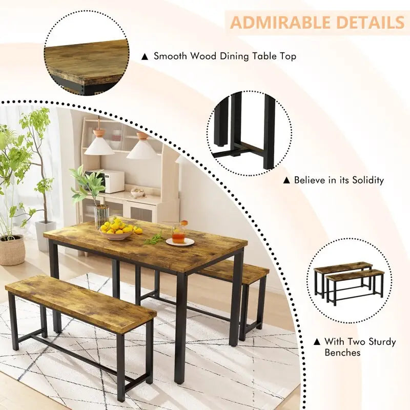 Dining Table Set with Bench, 3 Pieces Dining Furniture Set Kitchen Table Set for Kitchen, Dining Room, Living Room