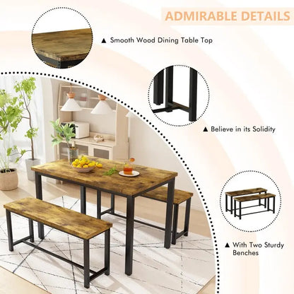 Dining Table Set with Bench, 3 Pieces Dining Furniture Set Kitchen Table Set for Kitchen, Dining Room, Living Room