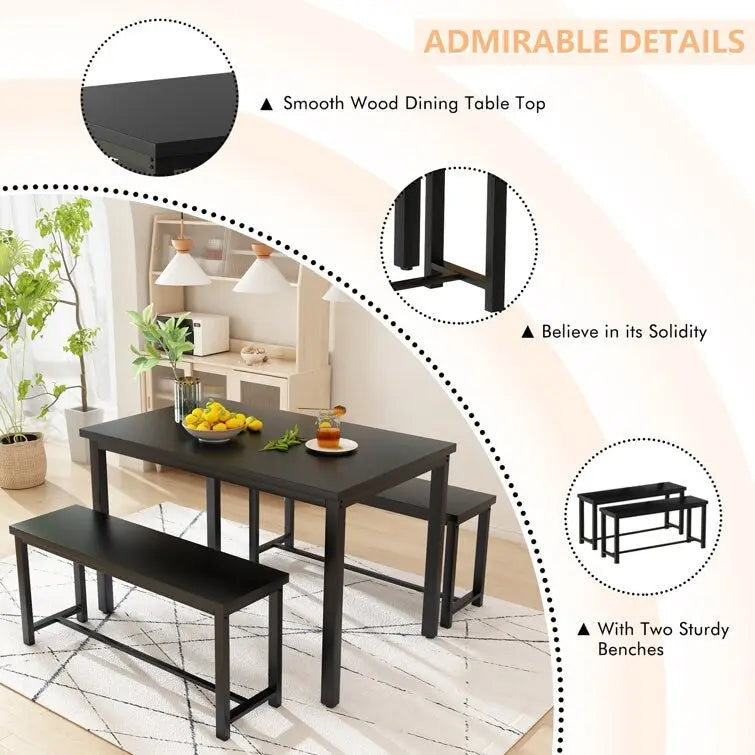 Dining Table Set with Bench, 3 Pieces Dining Furniture Set Kitchen Table Set for Kitchen, Dining Room, Living Room