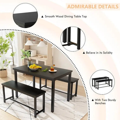 Dining Table Set with Bench, 3 Pieces Dining Furniture Set Kitchen Table Set for Kitchen, Dining Room, Living Room