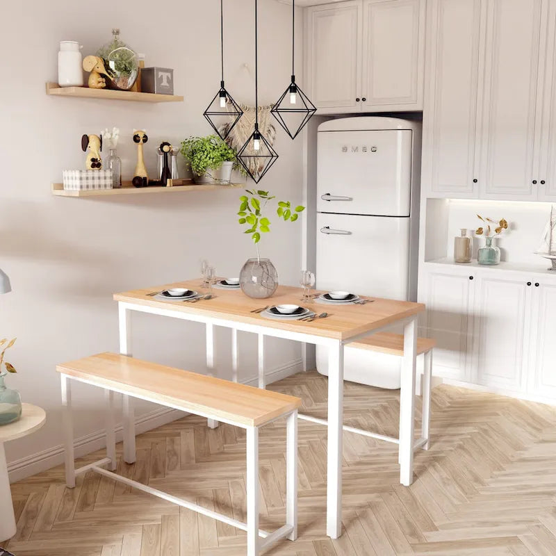 Dining Table Set with Bench, 3 Pieces Dining Furniture Set Kitchen Table Set for Kitchen, Dining Room, Living Room