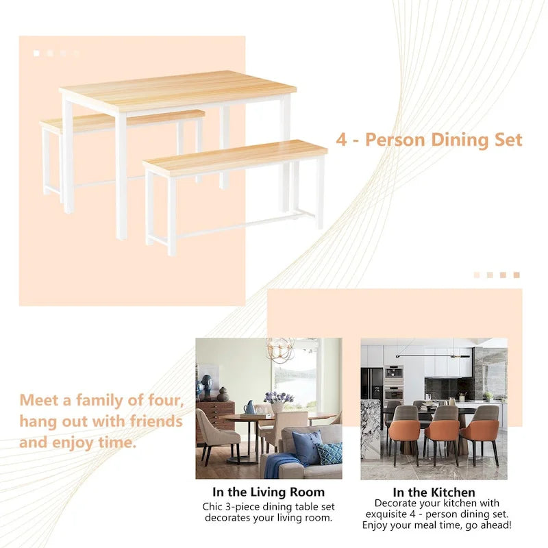 Dining Table Set with Bench, 3 Pieces Dining Furniture Set Kitchen Table Set for Kitchen, Dining Room, Living Room