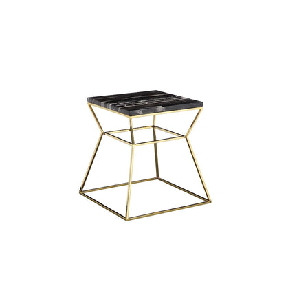 Lio 18 Inch Side End Table, Black Marble Top, Gold Open Hourglass Frame