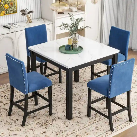 5-piece Counter Height Dining Table Set with One Faux Marble Top Dining Table and Four Velvet-Upholstered Chairs,Blue