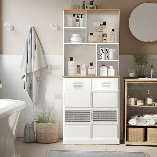 72 Height Freestanding Linen Tower Cabinet Tall Large Floor Storage Cabinet for Home Kitchen Bathroom Living Room White