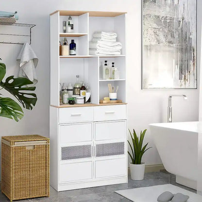 72 Height Freestanding Linen Tower Cabinet Tall Large Floor Storage Cabinet for Home Kitchen Bathroom Living Room White