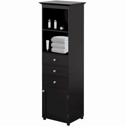 Tall Freestanding Storage Organizer Linen Tower, Vanity Closet, Bathroom Cabinet with 2 Open shelves, 3 Drawers, and a Closet